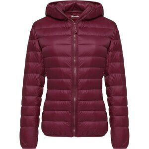 Women's Wine Red Short Down Hooded Puffer Jacket Coat Fabric Packable Ultra